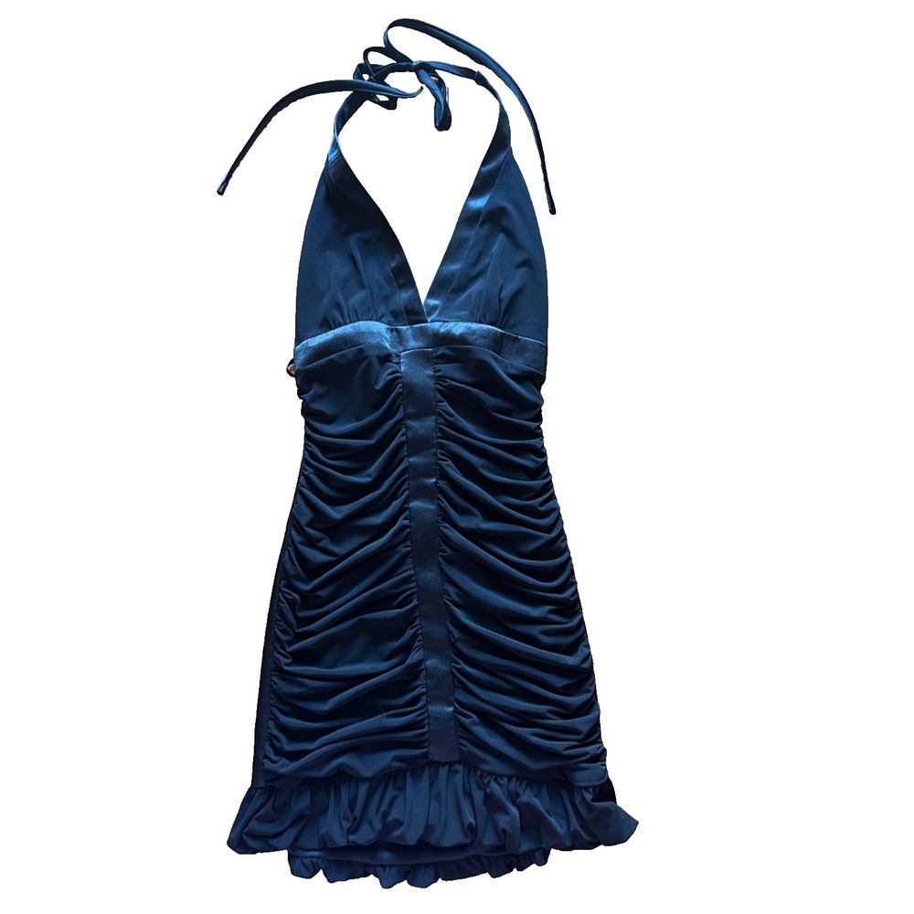 Cache Black Ruched Halter Dress Satin Accent Whimsigoth Goth Y2K Boho Size 4 VTG